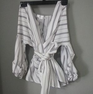 Blue an white stripped blouse with belt.